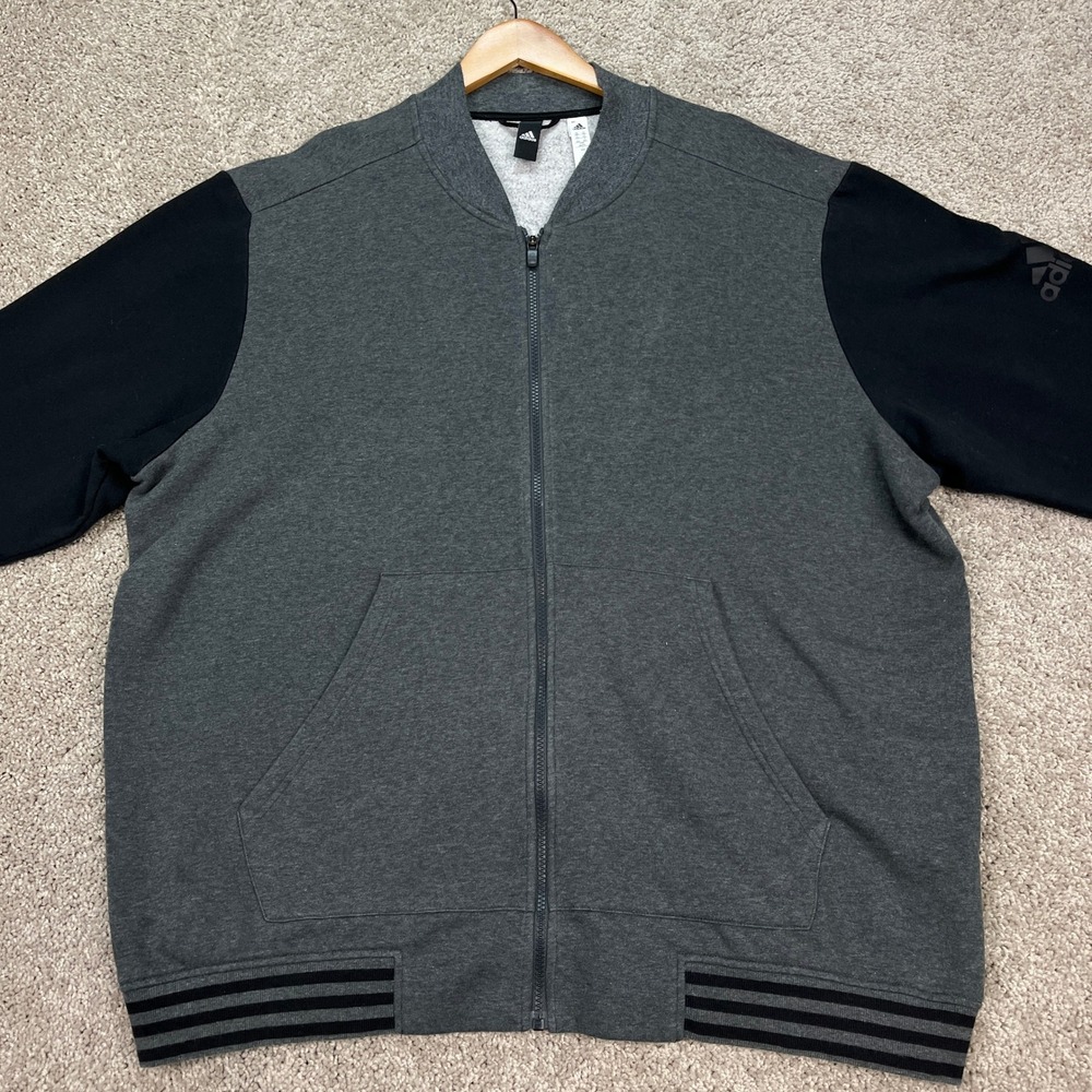 Adidas Jacket Mens 2XL Gray‎ Black Colorblock Long Sleeve Full Zip 3 Stripe LOGO
